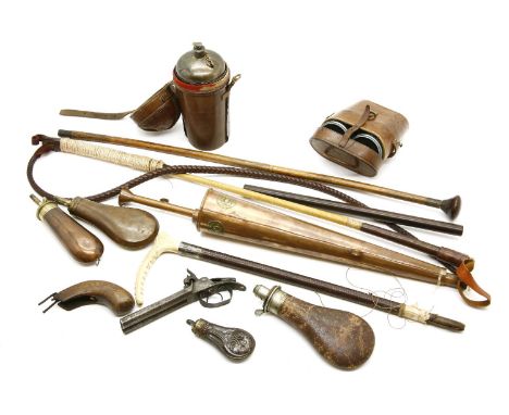 Shooting and other items, including four copper and leather powder or shot flasks, (one for a pistol), leather cased binocula