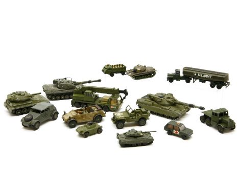 A collection of various military dinky toys to include a leopard tank, a chieftain tank, etc