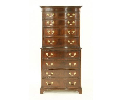 A Georgian style mahogany bow front chest on chest, with brass swan neck handles, and on bracket feet, 76 x 45 x 156cm
