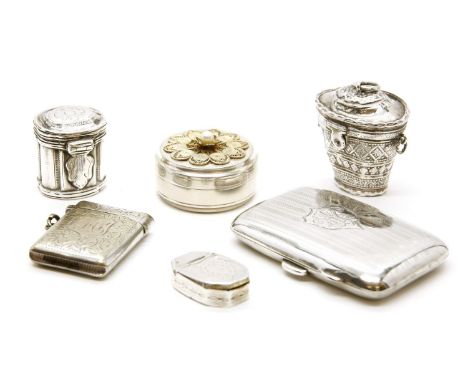 A group of various silver boxes to include a Georgian silver vinaigrette, marks for Birmingham, a small Dutch snuff box, a co