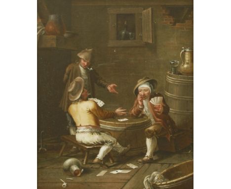 Manner of David Teniers the YoungerPEASANTS DRINKING;PLAYING CARDSA pair, bodycolour on paper laid down on card21 x 17cm (2)