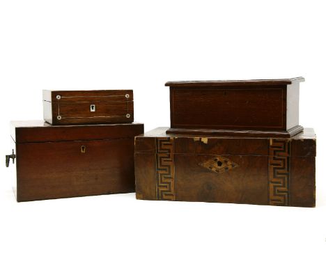 A Regency mahogany tea caddy, with four divisioned interior together with a Tunbridgeware writing slope, a rosewood work box 