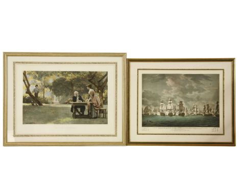 A large reproduction print after Boudell, of His Majesty's Fleet, 53cm x 72cm, together with 'The Prodigals Return' after Bec