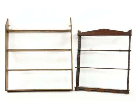 A mahogany three tier open wall shelf, 68cm wide, 18cm deep, 78cm high, and a four tier open shelf, 84cm wide, 94cm high (2)
