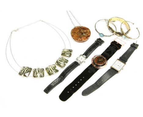 A collection of costume jewellery and wristwatches, to include a Pop Swatch quartz watch with brown velvet applied cording st