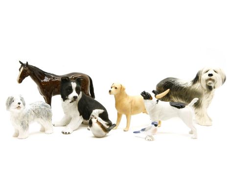 Ceramic animals, comprising: a Beswick horse, Beswick labrador, three further dogs and two small birds