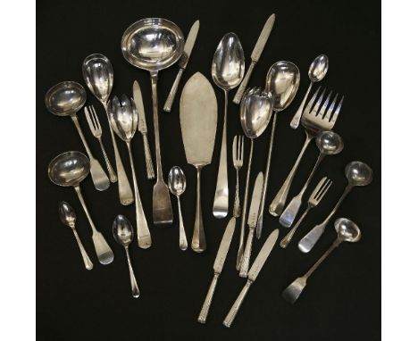 A Georgian silver ladle, 33cm long, a silver basting spoon, a pair of silver salad servers, and a pair of fish servers, six s