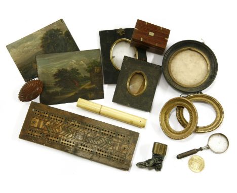 Two 19th century paintings on brass, rural landscapes, 12.5 x 15cm and 10 x 15cm, and various portrait miniature frames etc (