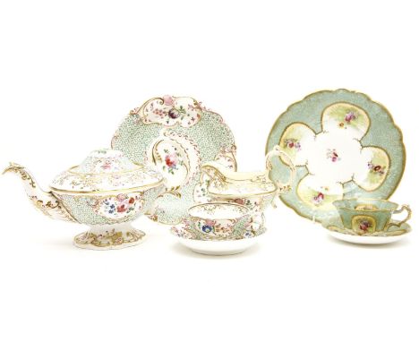 A Staffordshire pottery part tea service, with painted and moulded schneeballen style decoration including, tea pot and cover