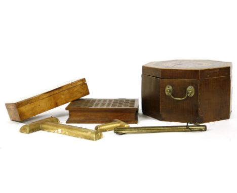 A burr wood box, a box in the form of a book, two wood and gilt 'T's', an octagonal box, 28cm wide, and a barometer, inscribe