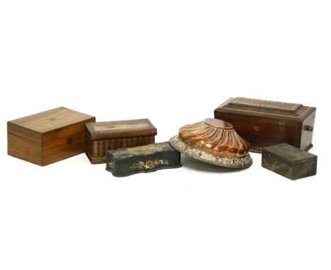 A Regency brass inlaid rosewood tea caddy,four further boxes and a copper bowl