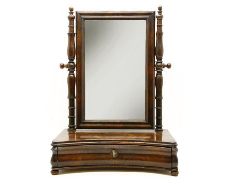 A William IV mahogany toilet mirror, with adjustable rectangular plate on a concave base with drawer, 62cm high