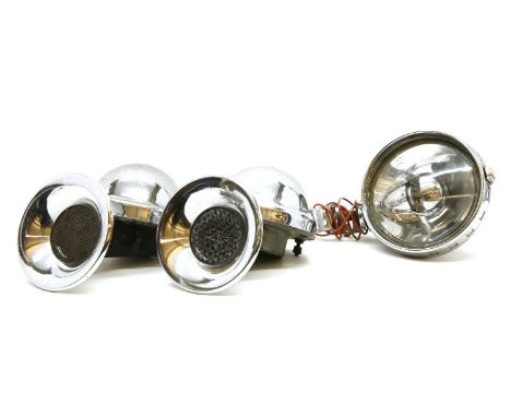 A pair of Lucas chrome car horns, and a Lucas chrome car lamp, 1938-1952, numbered 690784