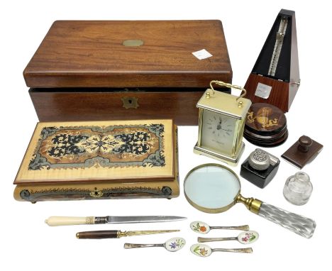 Mahogany writing slope, together with a brass and cut glass magnifying glass, Italian Sorrento inlaid music box and four coas