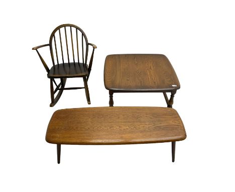 Ercol - mid-20th century child's beech rocking armchair, Ercol - mid-20th century elm square coffee table (76cm x 76cm x 38cm