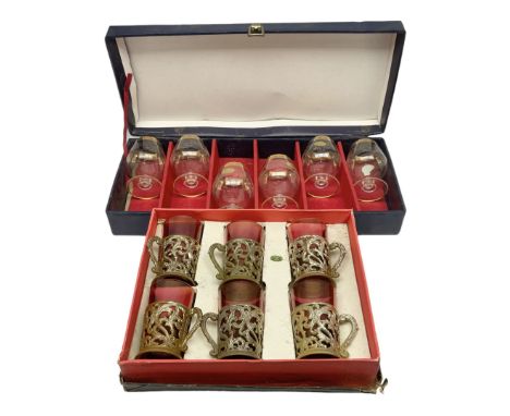 Set of six Murano brandy glasses with gilt rims, together with six italian tumblers