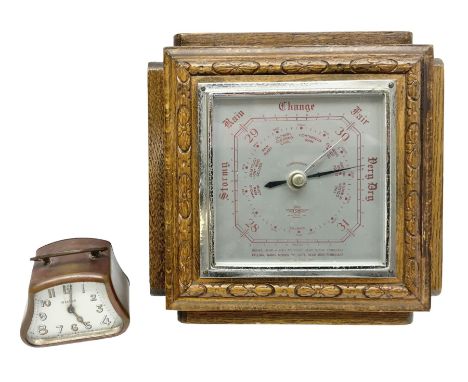 Smiths barometer in carved and stepped oak square case, together with a small copper 8 days clock with bevelled glass plate