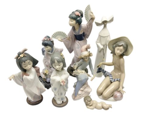 Eight Lladro figures, comprising Japanese with Fan no 4991, Michiko no 1447, Playing Flute no 6151, Bearing Flowers no 6151, 