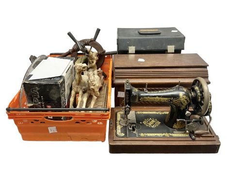 Composite figure of a Roman chariot, together with Olympia NK4040 camera, sewing machine and other collectables, in two boxes