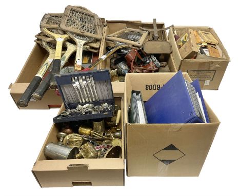 Iron scales, Smiths oak cased barometer, pair of Mark Scheffel 20x50 binoculars, two cameras, quantity of coins and stamps, c