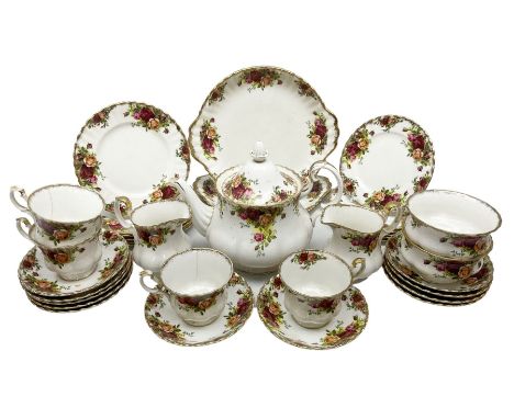 Royal Albert Old Country Roses pattern part tea service, comprising eleven saucers, four teacups,pair of cake plates, six sid