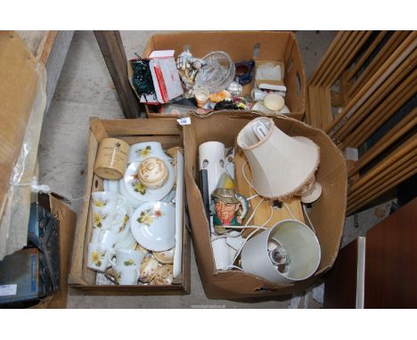 A Crown Ducal dressing table set, Pyrex teaware, lamps, fairy lights, and Royal Doulton candle holder, etc.