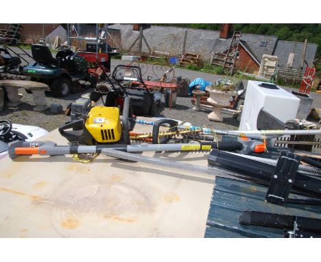 A battery operated hedge trimmer (no battery), McCulloch strimmer with bump feed (good compression) and a McCulloch hedge tri