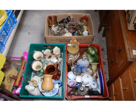 A quantity of miscellaneous china in three boxes to include: a glass bonsai tree and alabaster lamp, etc.