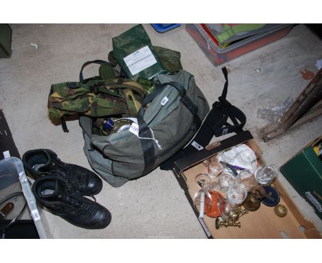 Army Camouflage kit, boots, miscellaneous glass, and bottle opener, etc. 