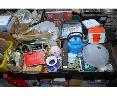 Four boxes of China, glass, radio's, light shade, enamel kettle, etc. 