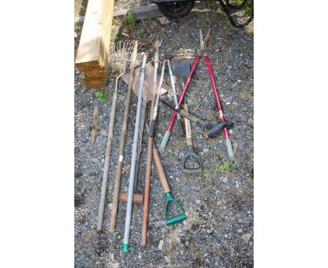 A variety of garden tools including : rake, shovel, long-arm shears, forks and spade, etc.