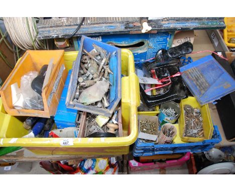 Two boxes of Woodworking tools to include: Chisels, Nails, Screws, rawl bolts, Drills, and Shoe lasts, etc.