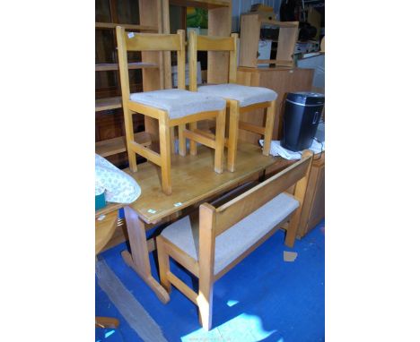 An Ash and other woods Kitchen Table with 2 x chairs and a bench seat - the table 23 1/2" x 4'. Possibly by Grahame Amey of C