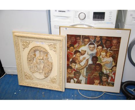 A Religious print, and a Resin sculpture 3D picture.