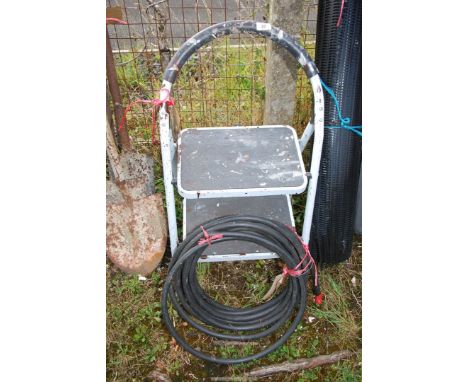Two rung step ladder &amp; a roll of armoured cable.