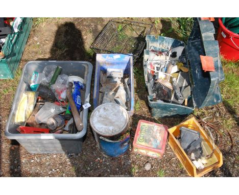 Three x boxes of misc to include; tools, paint brushes, galvanised brackets lin bins, etc.