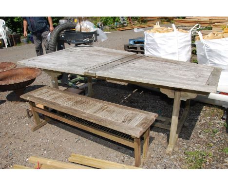 Large teak picnic Table, 47" wide x 80" long x 30" high (a/f) and Bench: 56" long x 131/2" wide x 17 1/2" high.