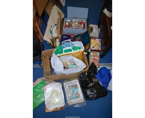 A quantity of Sewing accessories and equipment - including spools of thread, fabric, embroidery, knitting, and tapestry, etc.