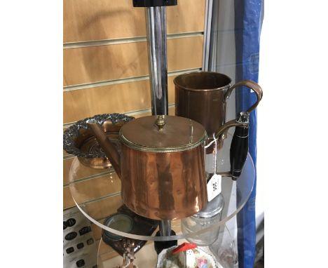 1 SHELF OF 3 ITEMS - COPPER BOTTLE STAND , TEA POT , MUG