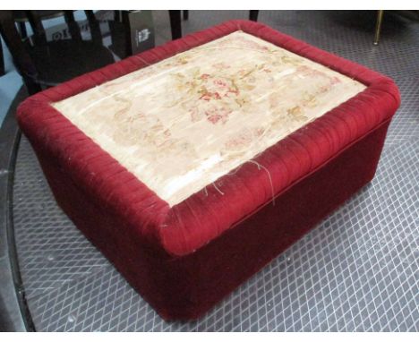 STOOL, burgundy chenille with a distressed 18th century aubusson tapestry top, 76cm D x 40cm H x 92cm. (with faults)