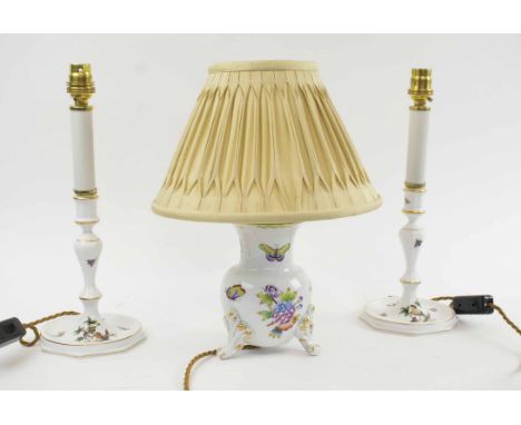 HEREND PORCELAIN, a pair of candlestick lamps; another Herend lamp with shade. (3) (one with faults)