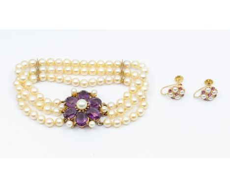 A vintage cultured pearl and amethyst 9ct gold bracelet, comprising three rows of cultured pearls each approx 4.5mm, to a flo