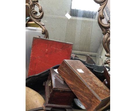 Rococo-style wall mirror, pricket candlestick, treen boxes, a 19th century cast brass planter, a wall barometer.