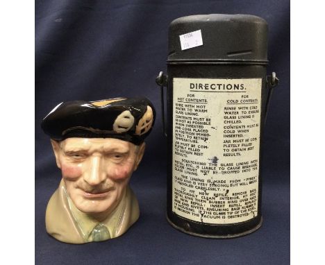 Royal Doulton character jug 'Monty', together with a World War II thermos flask, 1944.