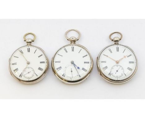 A collection of three 19th century silver cased open faced  pocket watches, all comprising white enamel dials, all with Roman