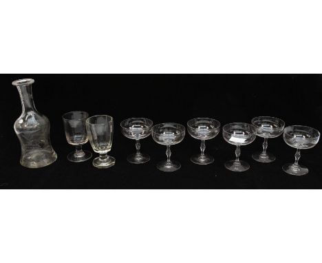 An early 19th century etched hand-blown glass decanter, together with early to mid 19th century glass rummers and six mid-20t