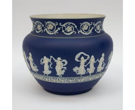 An Adams ceramic jardinière in blue and white colourway, depicting 'dancing ladies' to sides and florals to top rim. Approx. 