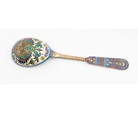 A mid to late 20th Century Russian 84 standard silver and cloisonné enamel large spoon, the reverse bowl decorated with the I