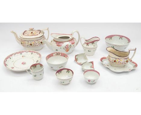 A collection of 18th/19th Century New Hall porcelain to include: two teapots nos. 30 and 541, two cream jugs one is no 141, o