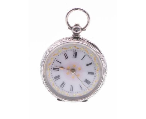 An early 20th century ladies open faced pocket watch, comprising a white enamel dial with Roman numeral markers, gilt and blu